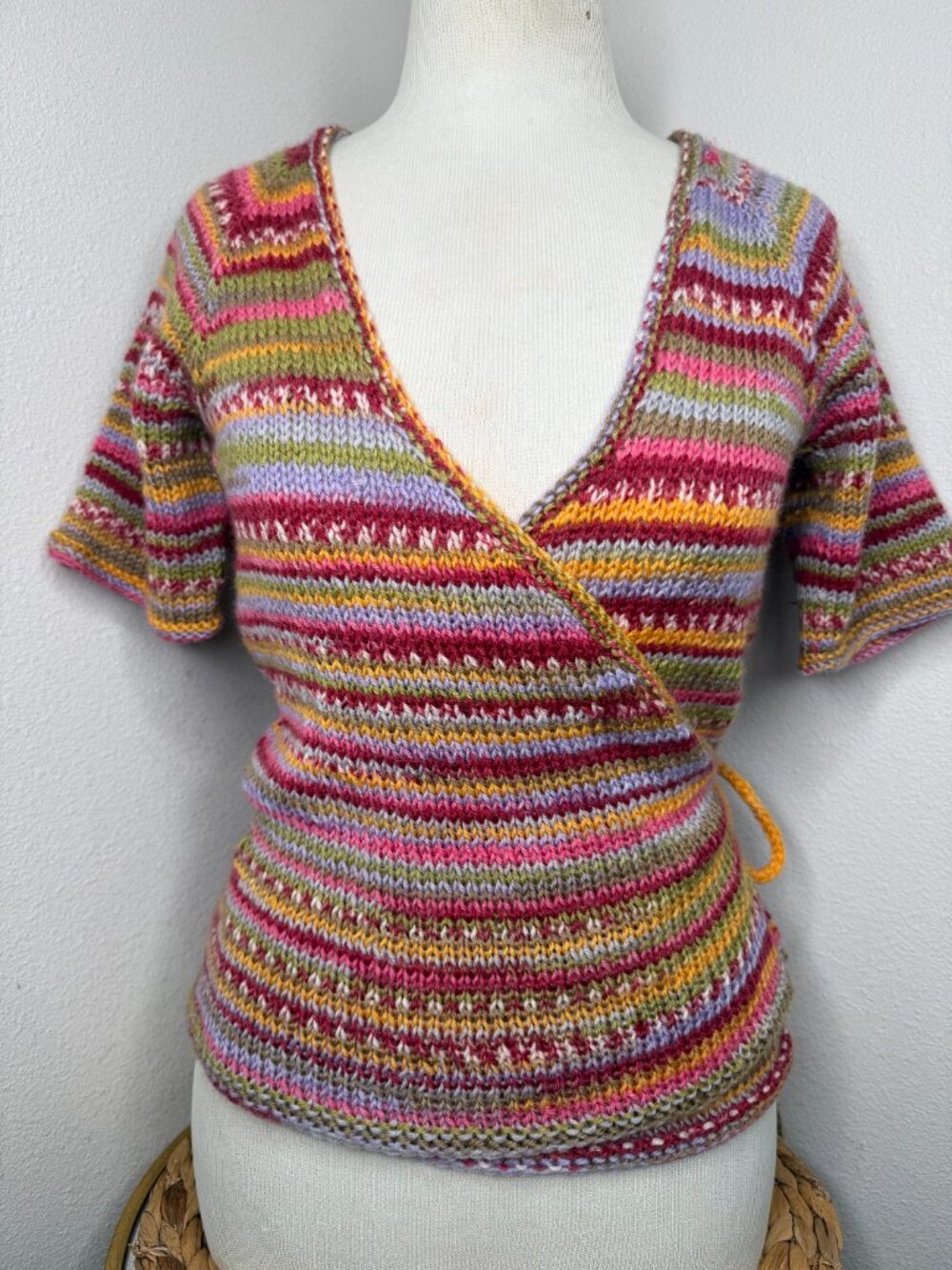 Handmade Knit Multi Color Wrap Short Sleeve Sweater Top V Neck Tie Closure